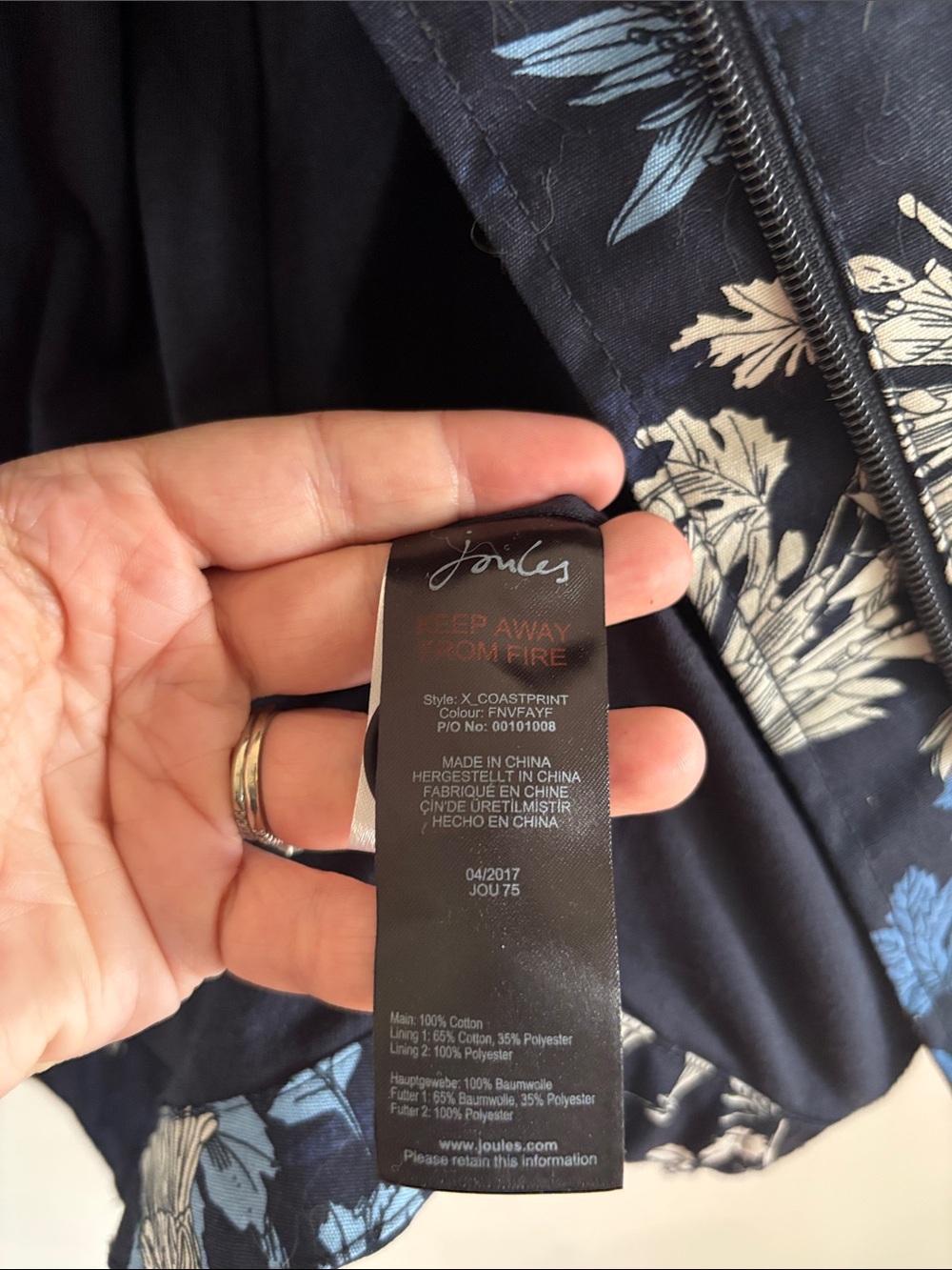 Joules • Navy Hooded Rain Jacket with Blue & White Floral Print - Picture 7 of 8